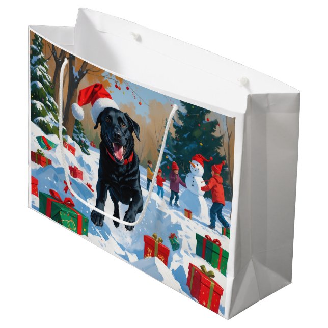 Grand Sac Cadeau Scène de Noël du Labrador noir (Devant Angle)