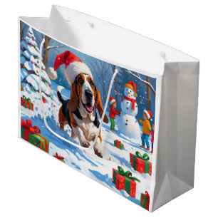 Grand Sac Cadeau Scène de Noël festive avec un Basset Hound dans la