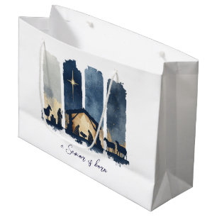 Grand Sac Cadeau Scène de Noël religieuse aquarelle Nativité