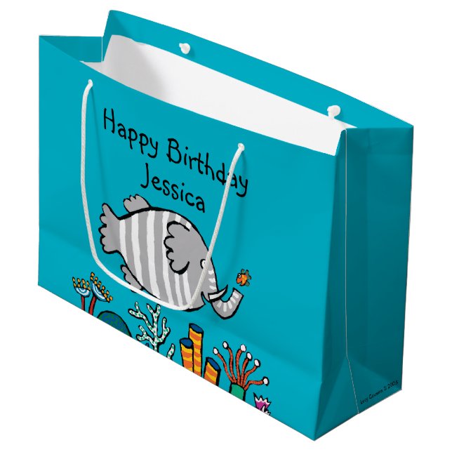 Grand Sac Cadeau Scène mignonne de poissons d'éléphant avec le (Devant Angle)