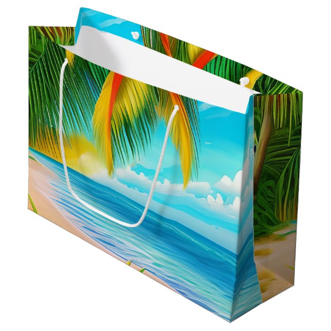Grand Sac Cadeau Scène Tropical Beach Palm Tree (Devant Angle)
