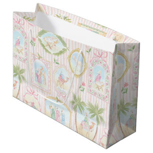 Grand Sac Cadeau Scènes de la Nativité au Pastel Rayées