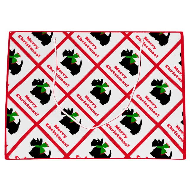 Grand Sac Cadeau Scottish Terrier Joyeux Noël plaid (Devant)