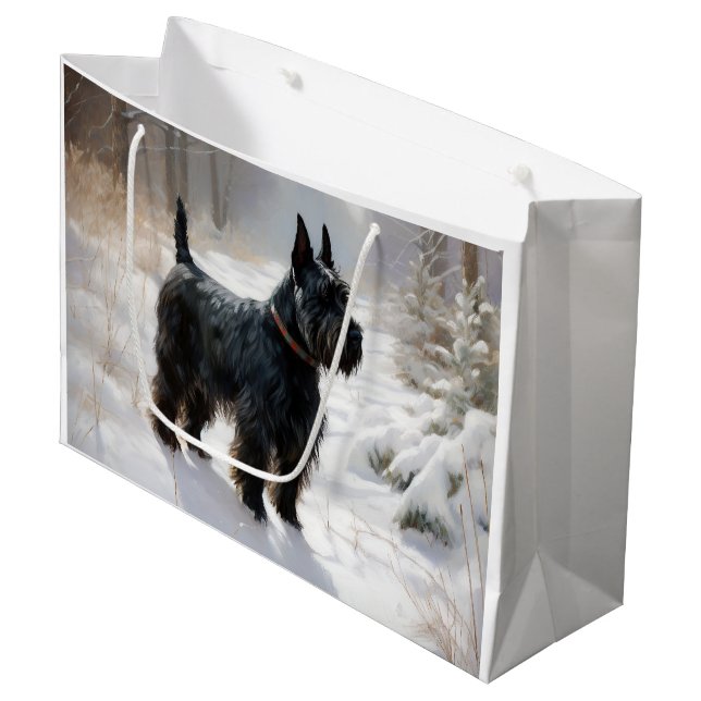 Grand Sac Cadeau Scottish Terrier Laisser Il Neige Noël (Devant Angle)