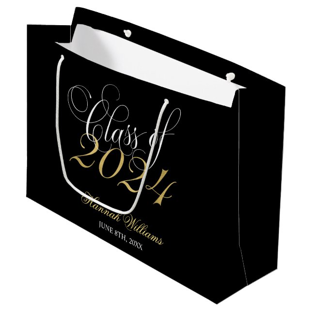 Grand Sac Cadeau Script Black Gold Classe de 2024 Graduation (Devant Angle)