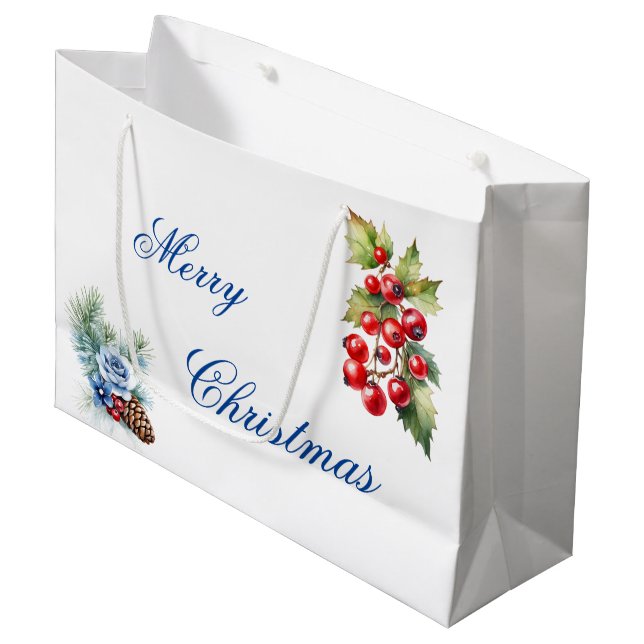 Grand Sac Cadeau Script Bleu sur Baies de Houx Blanc Joyeux Noël (Devant Angle)