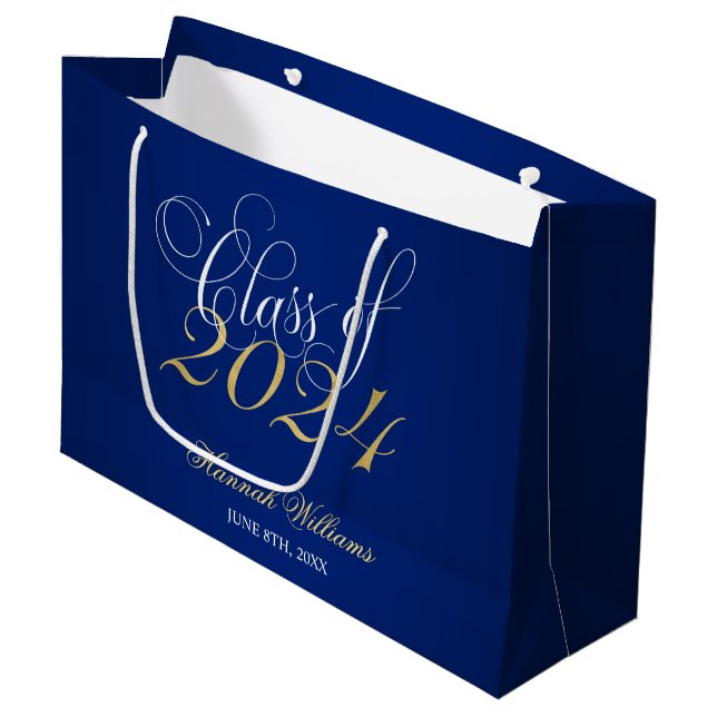 Grand Sac Cadeau Script Blue Gold Classe de 2024 Graduation (Devant Angle)