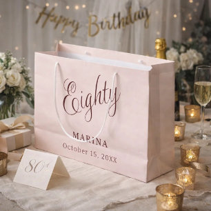 Grand Sac Cadeau Script de nom or rose 80e anniversaire