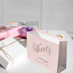 Grand Sac Cadeau Script de nom or rose 90e anniversaire