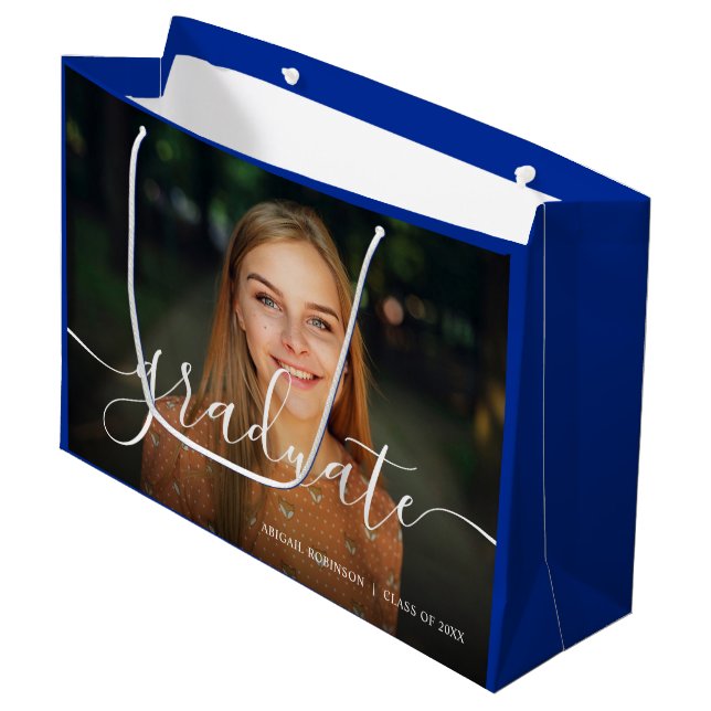 Grand Sac Cadeau Script Graduate Graduate Photo Bleu (Devant Angle)