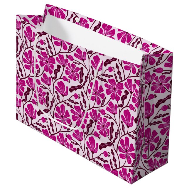 Grand Sac Cadeau Seamless Magenta Mid-Century Modern Floral Pattern (Devant Angle)