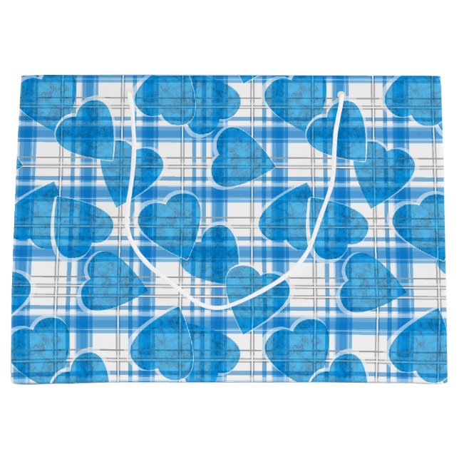 Grand Sac Cadeau Seamless Valentines Day blue hearts checkered plai (Devant)