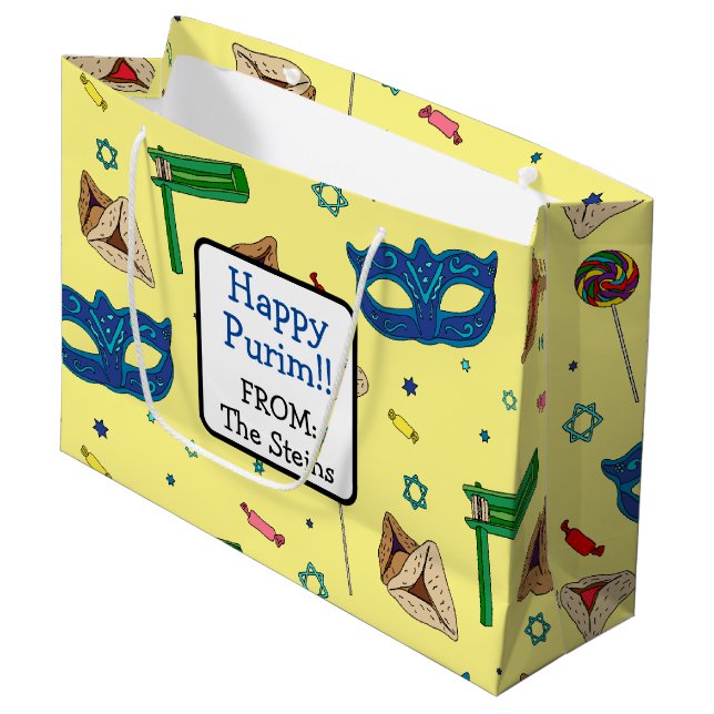 Grand Sac Cadeau Shaloch Manot - Personnalisé Jaune (Devant Angle)