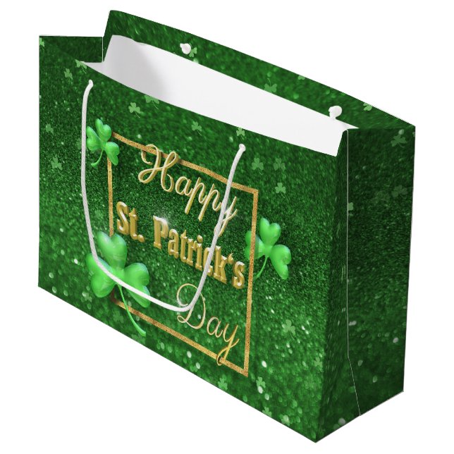 Grand Sac Cadeau Shamrock d'or de la Saint-Patrick (Devant Angle)