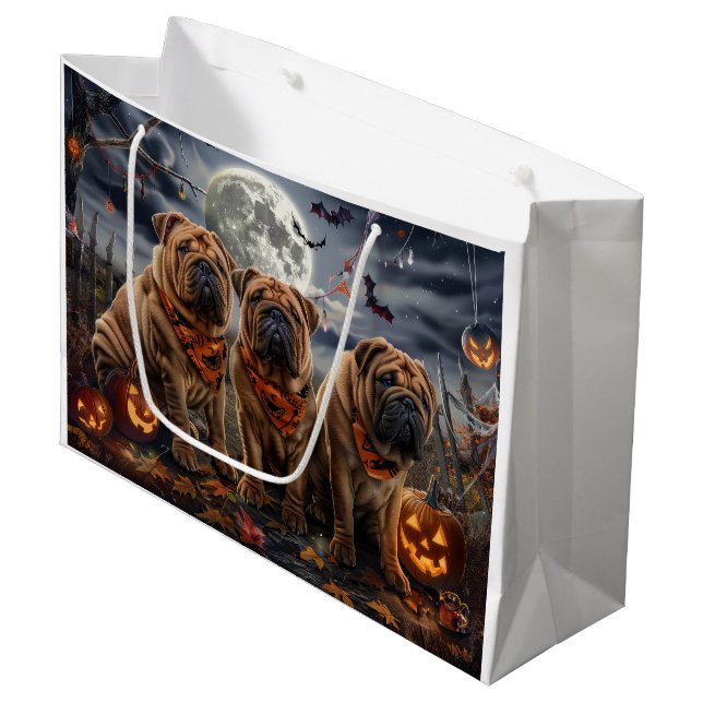 Grand Sac Cadeau Shar Pei Halloween Éffrayant (Devant Angle)