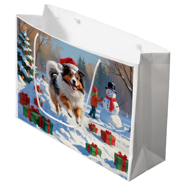 Grand Sac Cadeau Shetland Sheepdog Courir La Neige Avec Le Casquett (Devant Angle)