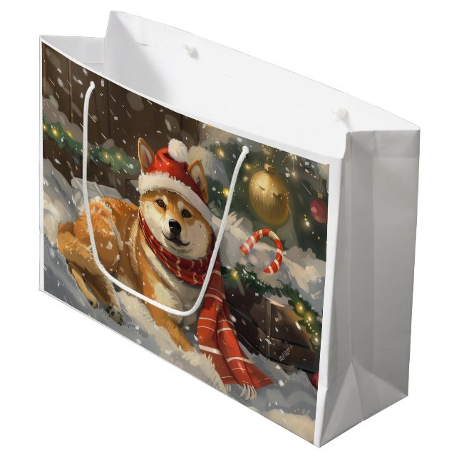 Grand Sac Cadeau Shiba Inu Chien Festive de Noël (Devant Angle)