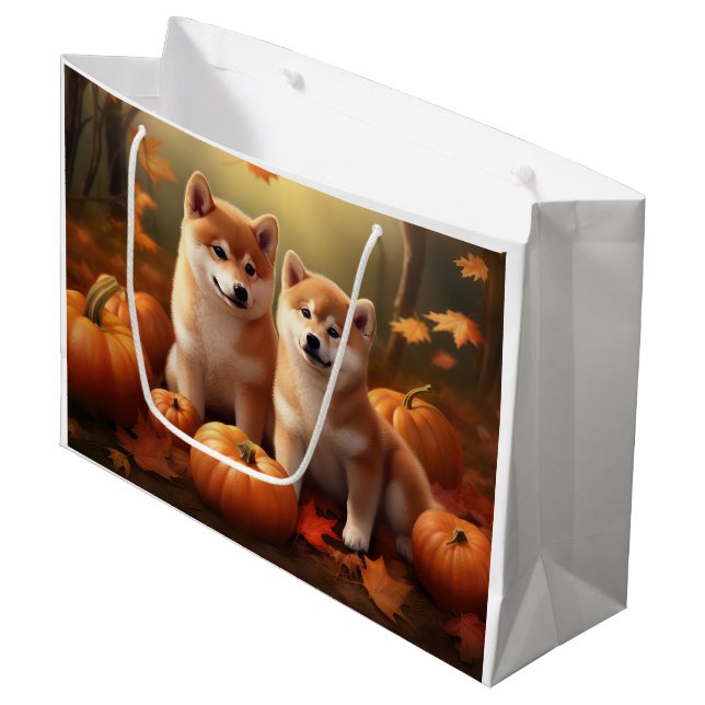 Grand Sac Cadeau Shiba Inu Chiot Automne Citrouille de plaisir (Devant Angle)
