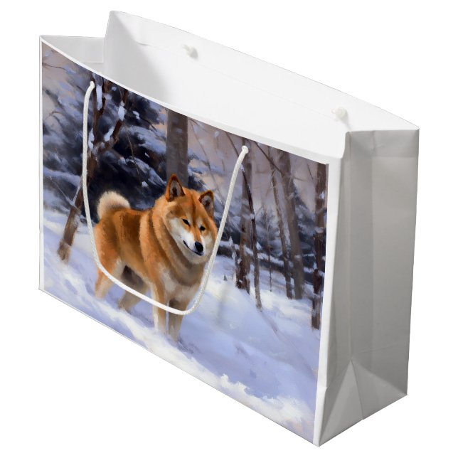 Grand Sac Cadeau Shiba Inu Laissez Neige Noël (Devant Angle)