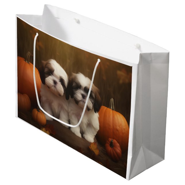 Grand Sac Cadeau Shih Tzu Puppy Automne Citrouille de plaisir (Devant Angle)
