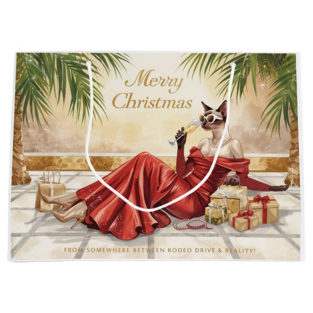 Grand Sac Cadeau Siamese Cat Glam Christmas  Sipping Champagne  (Devant)