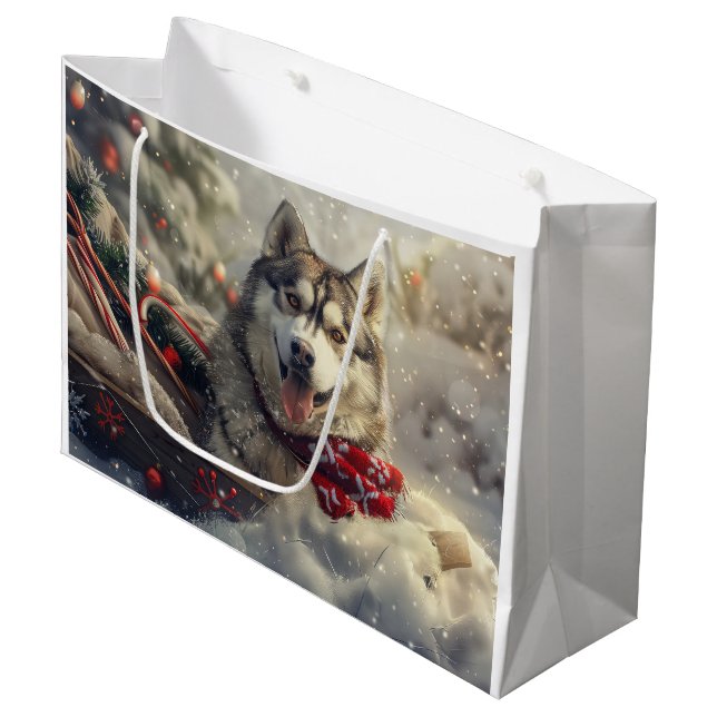 Grand Sac Cadeau Sibérie Husky Chien Festif de Noël (Devant Angle)