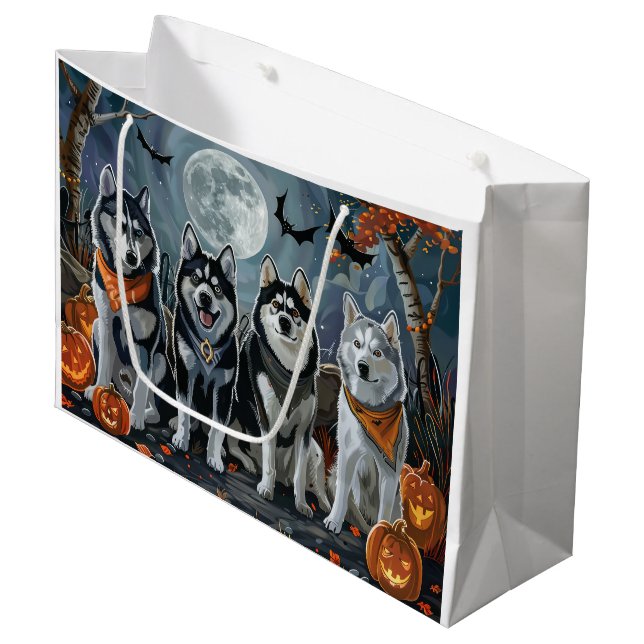 Grand Sac Cadeau Sibérie Husky Halloween Éffrayant (Devant Angle)