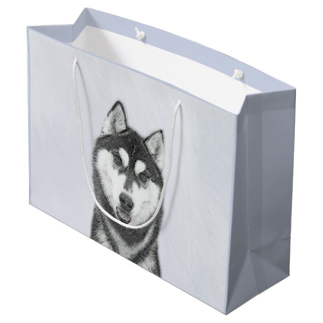 Grand Sac Cadeau Sibérie Husky (noir et blanc) Peinture Chien Art (Dos Angle)