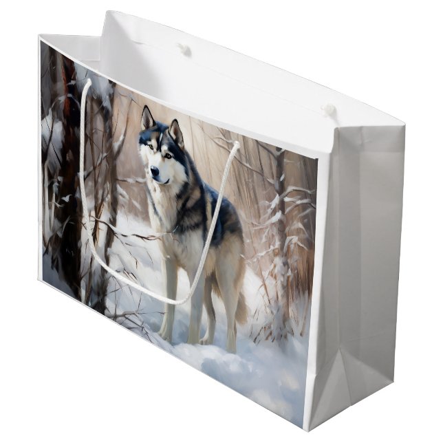 Grand Sac Cadeau Sibérien Husky Laisser Neige Noël (Devant Angle)