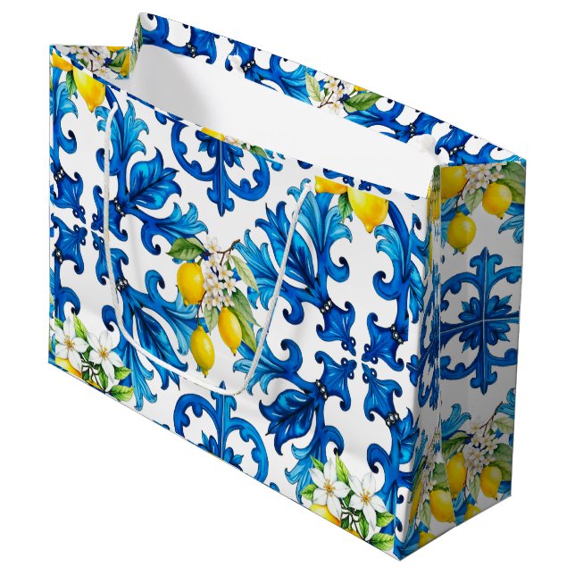 Grand Sac Cadeau sicilien, été, citron, mosaïque, bleu