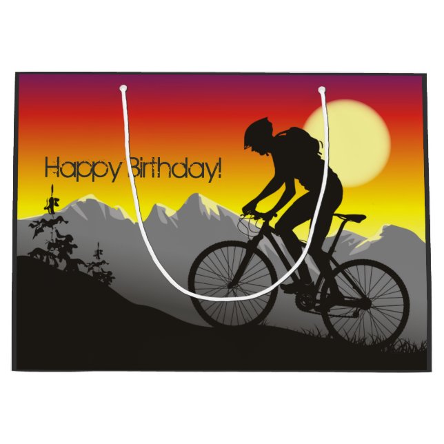 Grand Sac Cadeau Silhouette Mountain Bike Joyeux anniversaire (Devant)