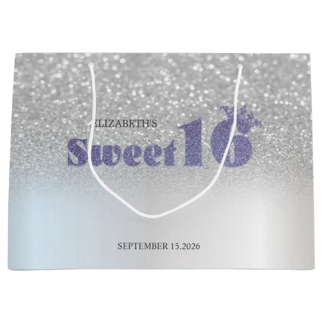 Grand Sac Cadeau Silver Glitter Bokeh Sweet 16 Crown (Devant)