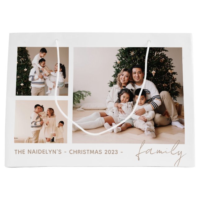 Grand Sac Cadeau Simple Script Family Photo Collage Vacances (Devant)