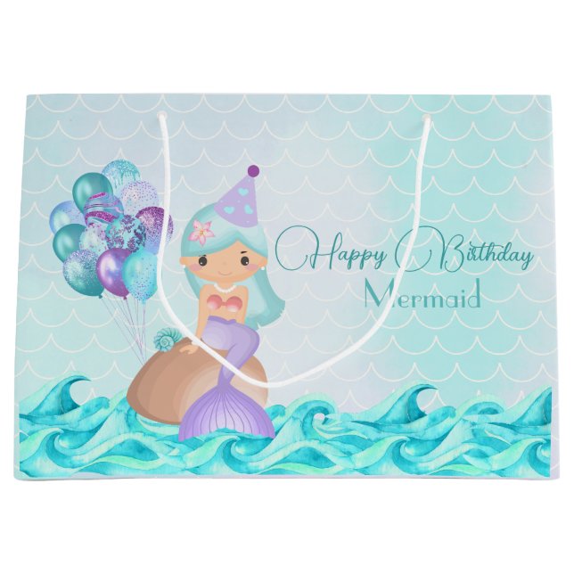 Grand Sac Cadeau Sirène d'anniversaire turquoise sous les vagues de (Devant)
