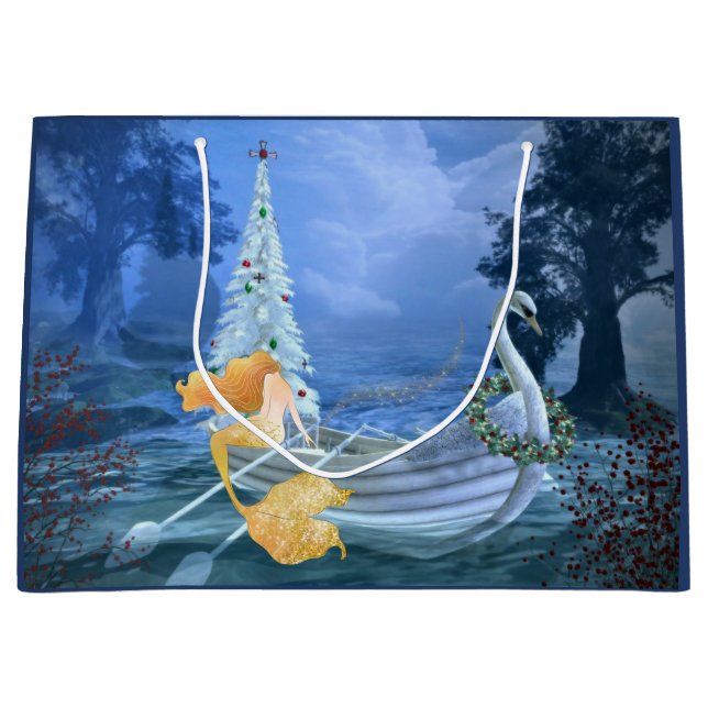 Grand Sac Cadeau Sirène magique, bateau à cygne et arbre de Noël (Devant)