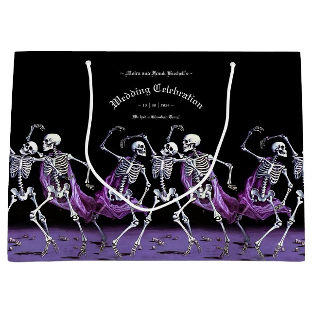 Grand Sac Cadeau Skeletons de danse gothique violet Mariage Éffraya (Devant)