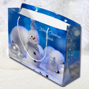 Grand Sac Cadeau Smiling Snowman Ajouter un nom Christmas Snow