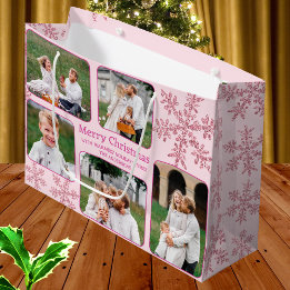 Grand Sac Cadeau Snowflake Pink Glam 5 Photo Collage Noël