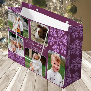 Grand Sac Cadeau Snowflake Plum Bling 5 Photo Collage Noël