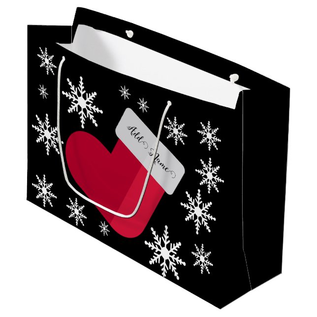Grand Sac Cadeau Snowflakes et Christmas Stocker Ajouter Nom Grand  (Devant Angle)