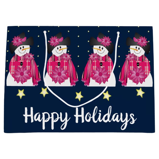 Grand Sac Cadeau Snowman Bleu Foncé Et Rose (Devant)