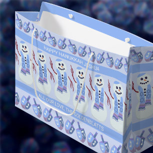 Grand Sac Cadeau Snowman Dreidels Amusant Bleu Et Blanc Hanoukka