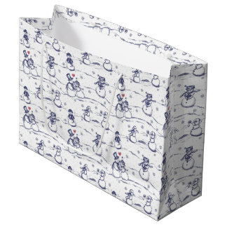 Grand Sac Cadeau Snowman parade toile - bleu