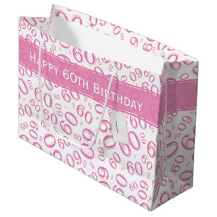Grand Sac Cadeau Soixantième rose et blanc heureux de motif de fête