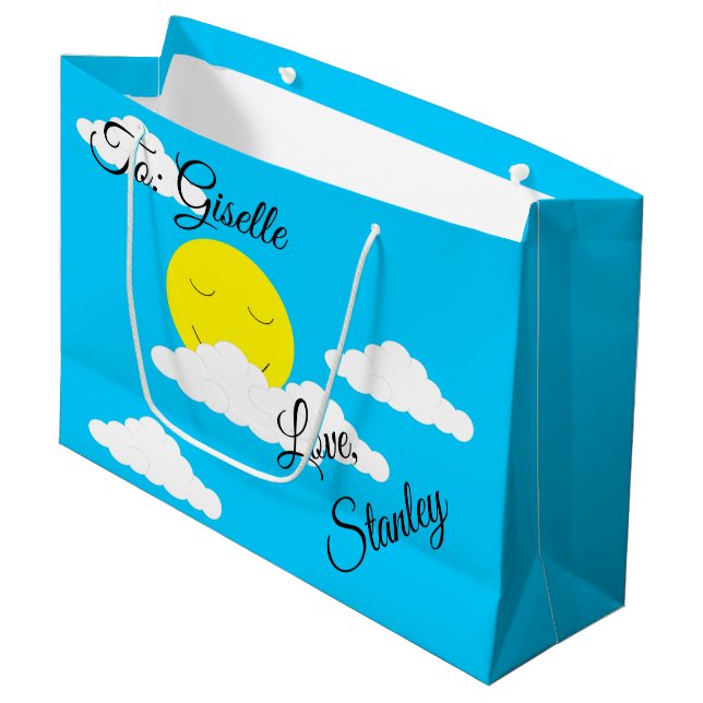 Grand Sac Cadeau Soleil souriant avec nuages de Puffy : (Devant Angle)