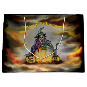 Grand Sac Cadeau Sorcière et chat noir, Happy Halloween !