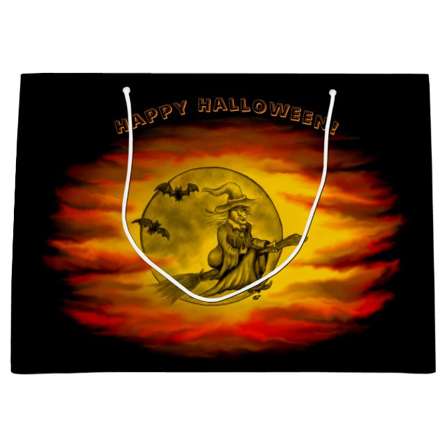 Grand Sac Cadeau Sorcière volante avec chat noir, nuit halloween (Devant)