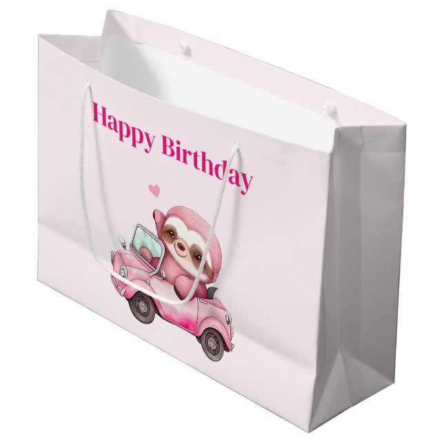Grand Sac Cadeau Sourire rose Sloth conduisant un Anniversaire conv (Devant Angle)