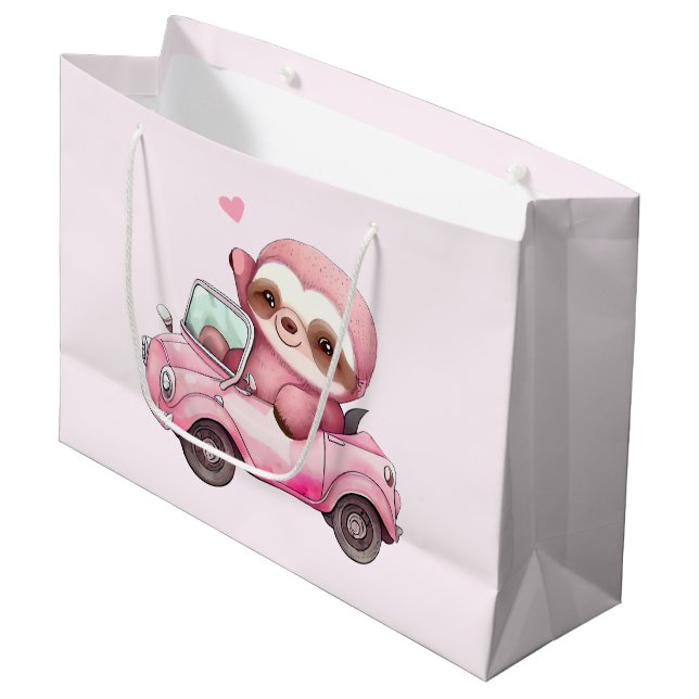 Grand Sac Cadeau Sourire rose Sloth dans une convertible (Devant Angle)