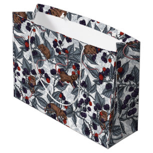 Grand Sac Cadeau Souris et mûres sur blanc